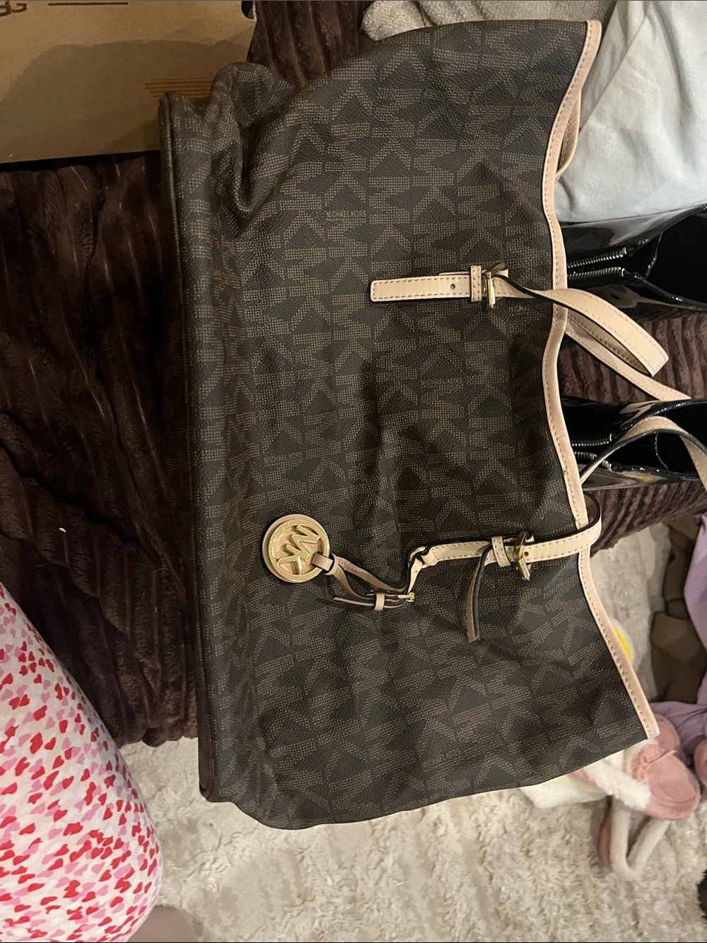 Michael Kors Brown Monogram Tote with Cream Trim and Gold Charm